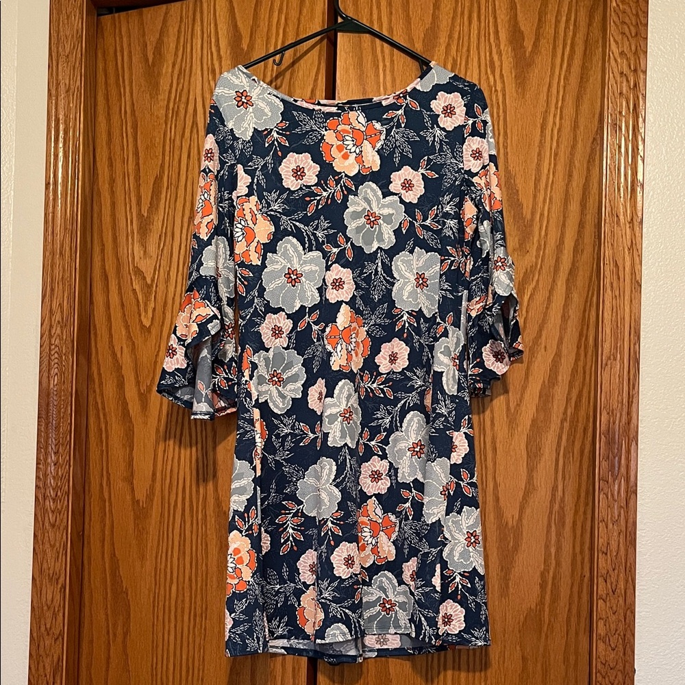 Ruby Rd. Floral Long Sleeve Dress - Navy and Orange